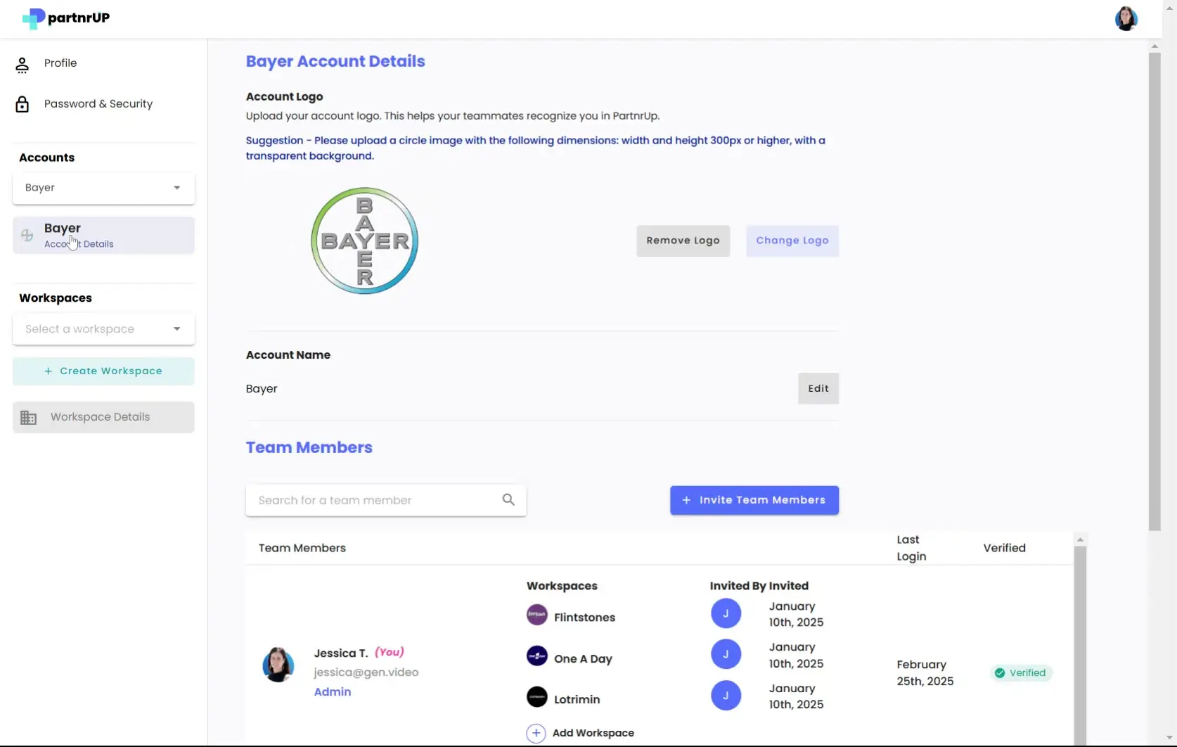 partrnUP Bayer Account Details page showing account logo, team members, and workspace options.