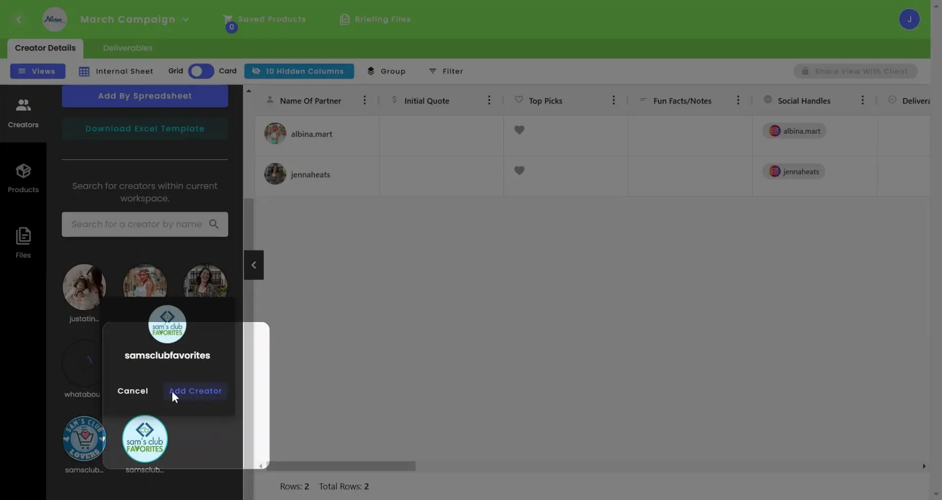 gen.video March Campaign content management screen showing creator details and deliverables.