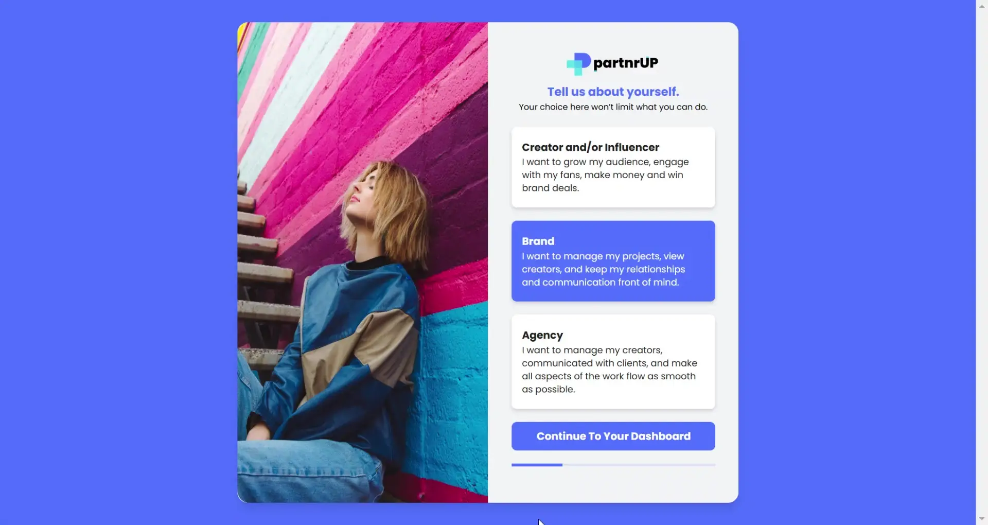 gen.video Account Settings screen with role selection options for Creator, Brand, and Agency.