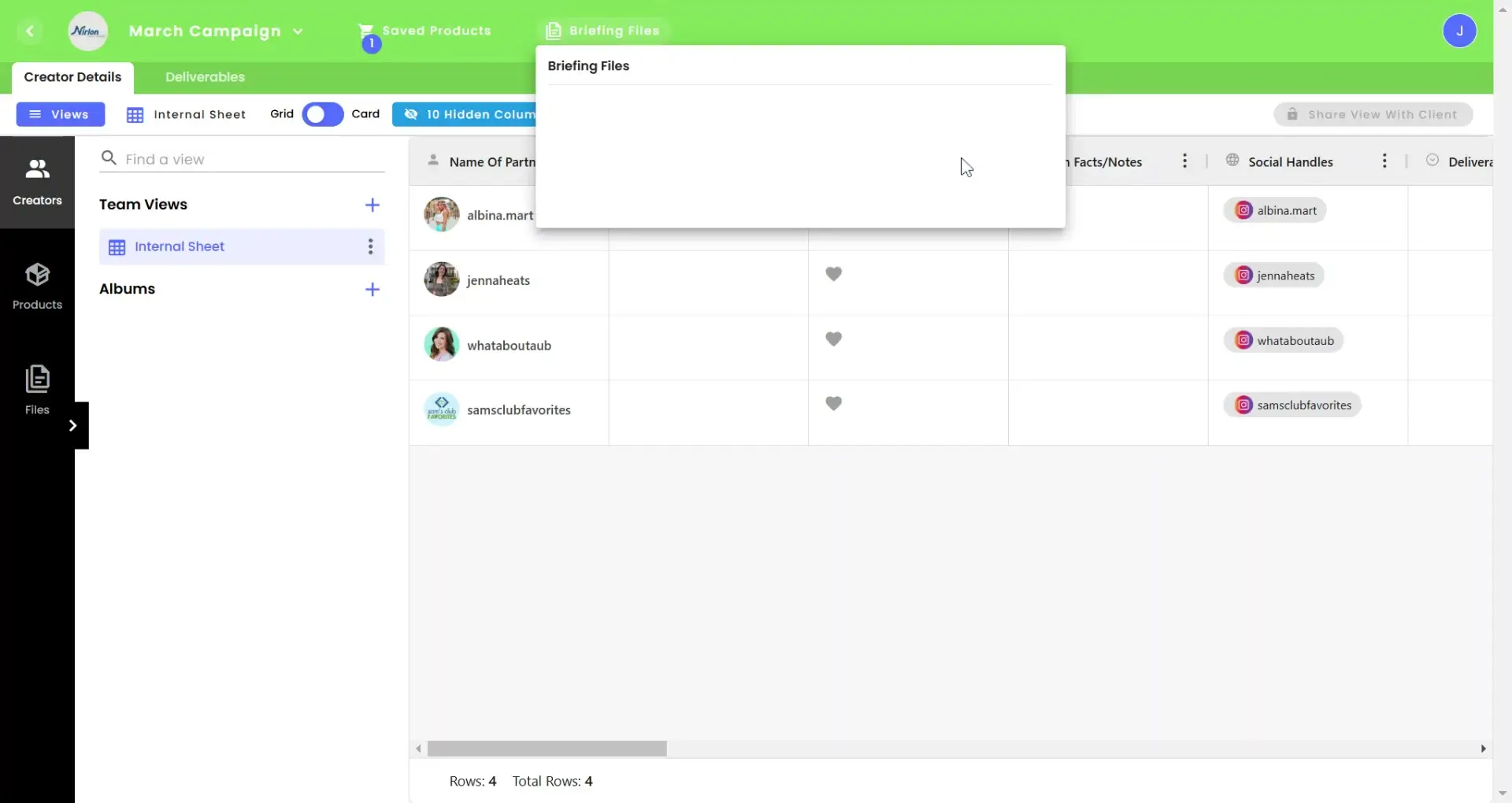 gen.video platform Manage Influencer Partnerships screen showing March Campaign with a list of influencers and their social handles.