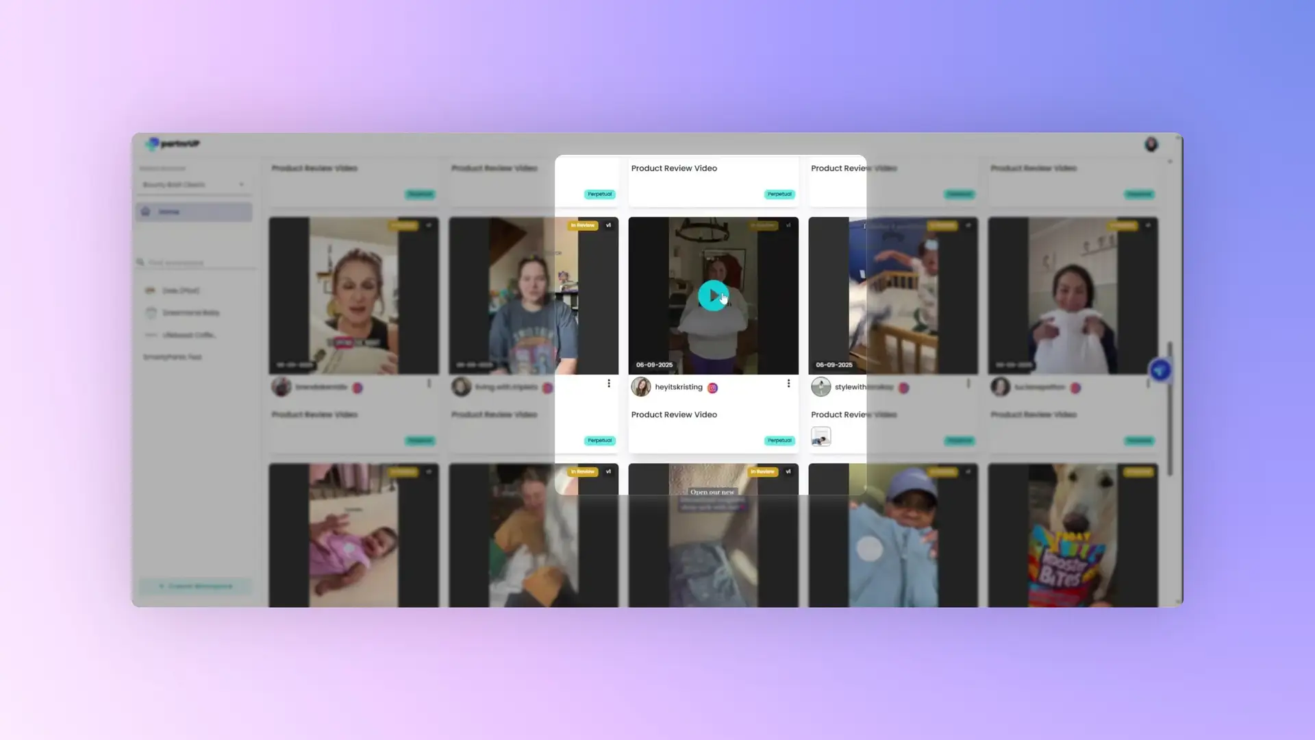 gen.video content management screen showing product review videos in a grid layout with navigation and workspace options.