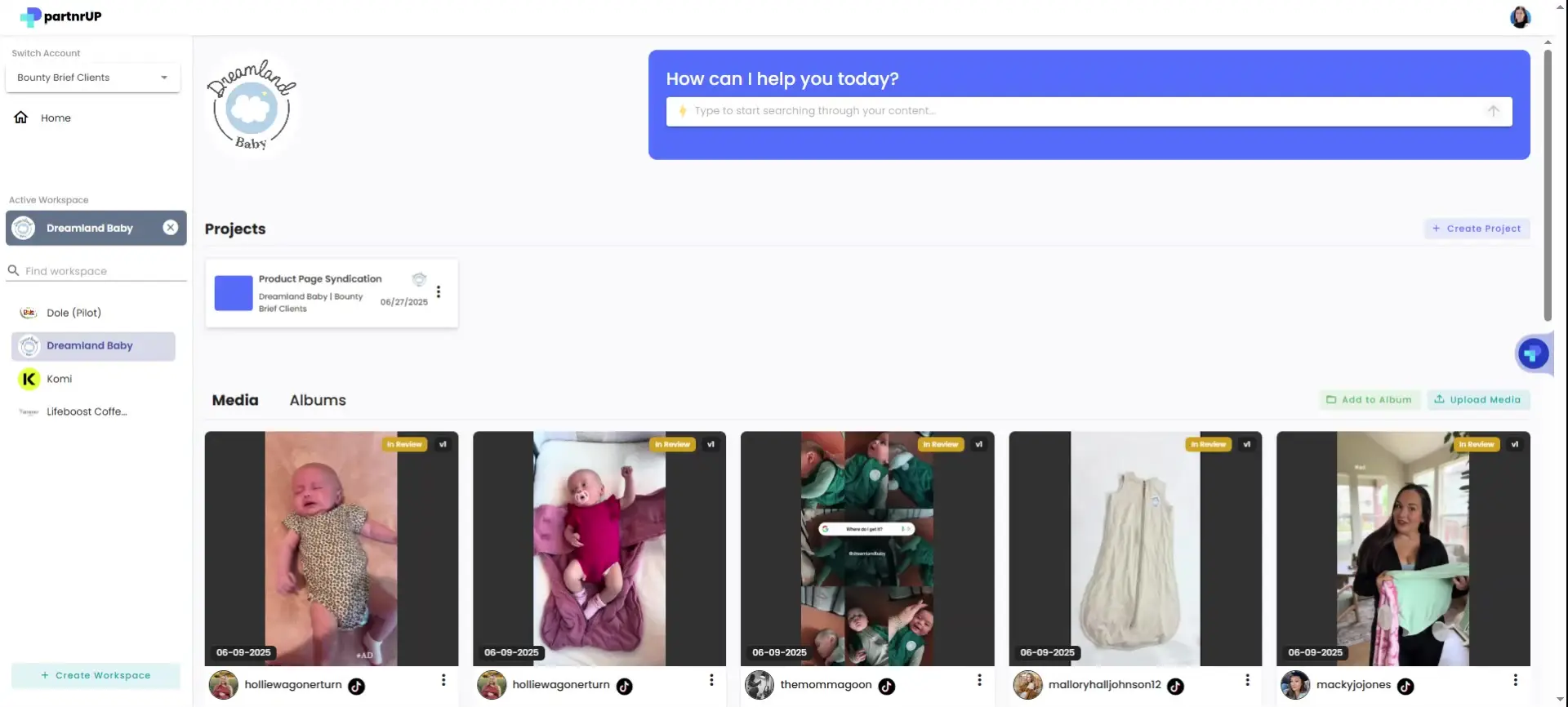 gen.video content management interface for Dreamland Baby workspace showing projects and media in review.