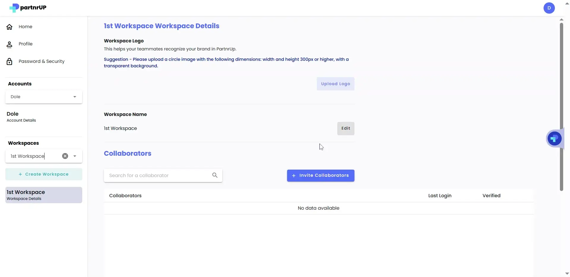gen.video platform 1st Workspace Workspace Details page showing workspace logo upload, name edit, and collaborators section.