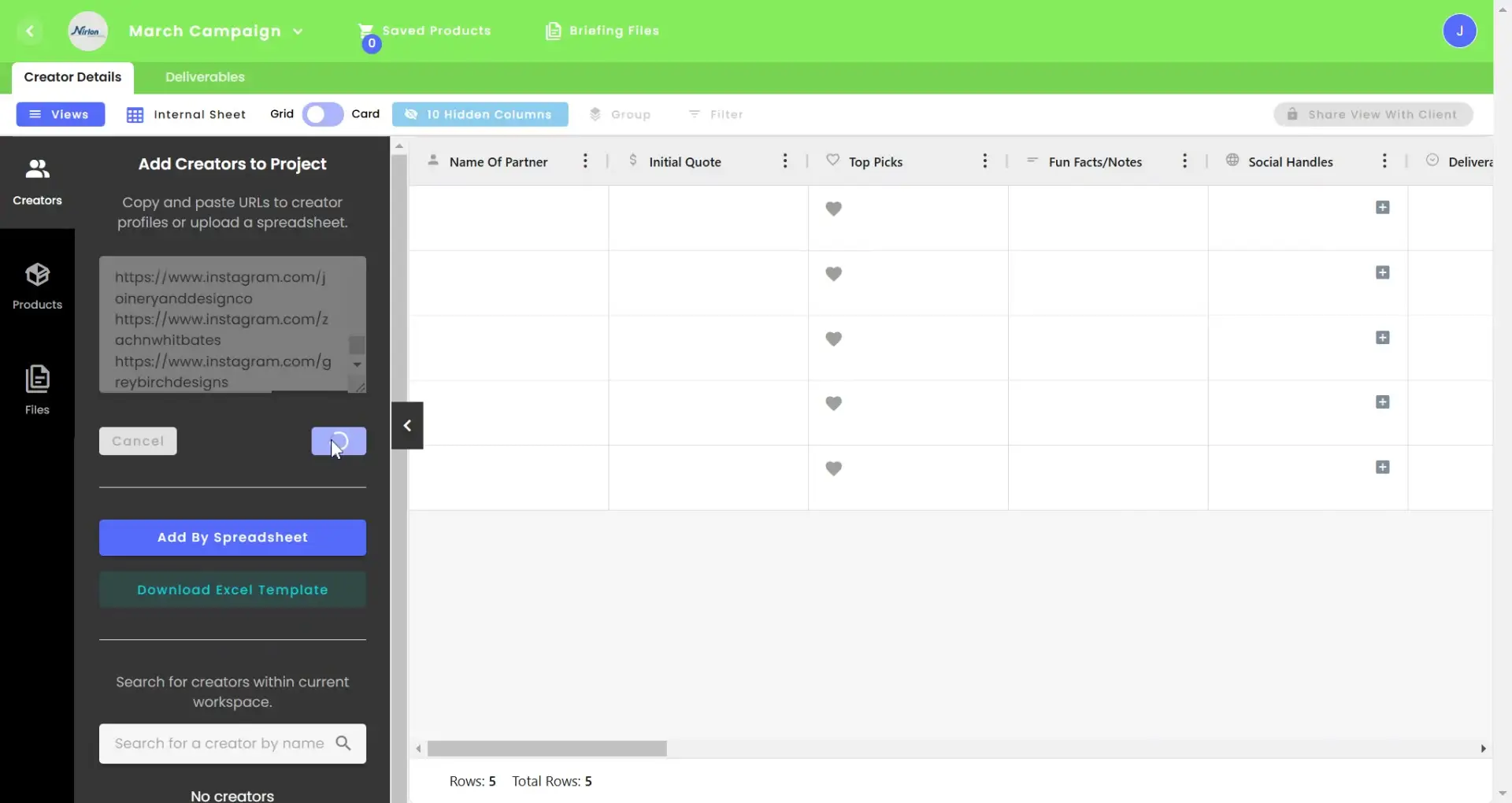 gen.video March Campaign Add Creators to Project interface with options to add creators via URL or spreadsheet and a table for managing creator details.