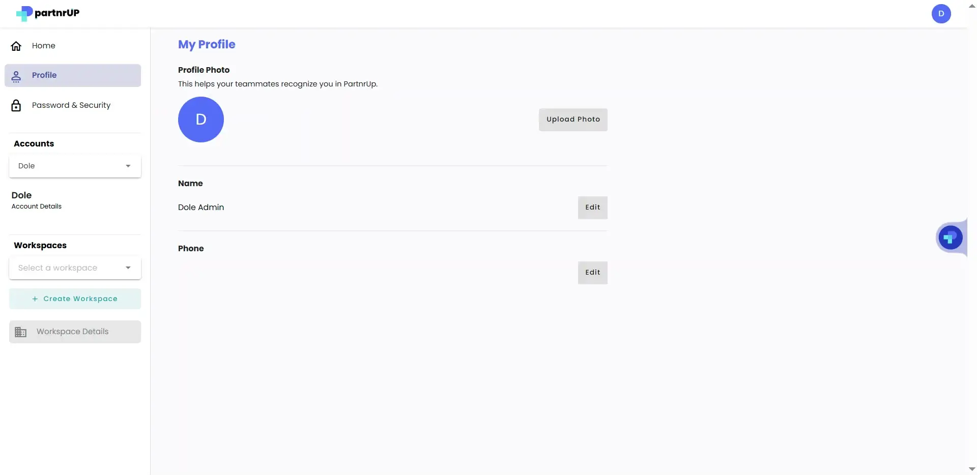partrnUP My Profile page showing profile photo upload and account details.