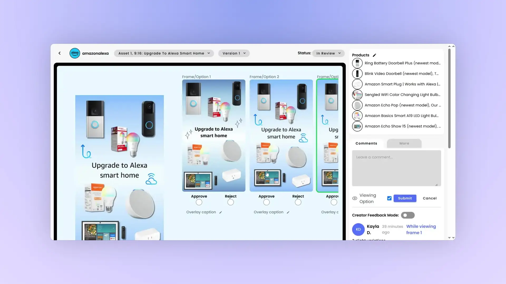 gen.video platform screen for reviewing 'Upgrade to Alexa Smart Home' campaign content.