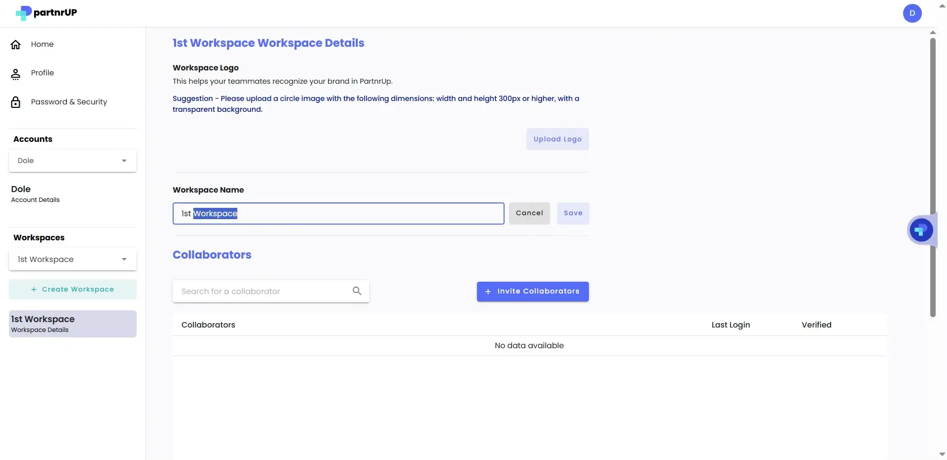 partrnUP 1st Workspace Workspace Details page with options to upload logo, set workspace name, and manage collaborators.