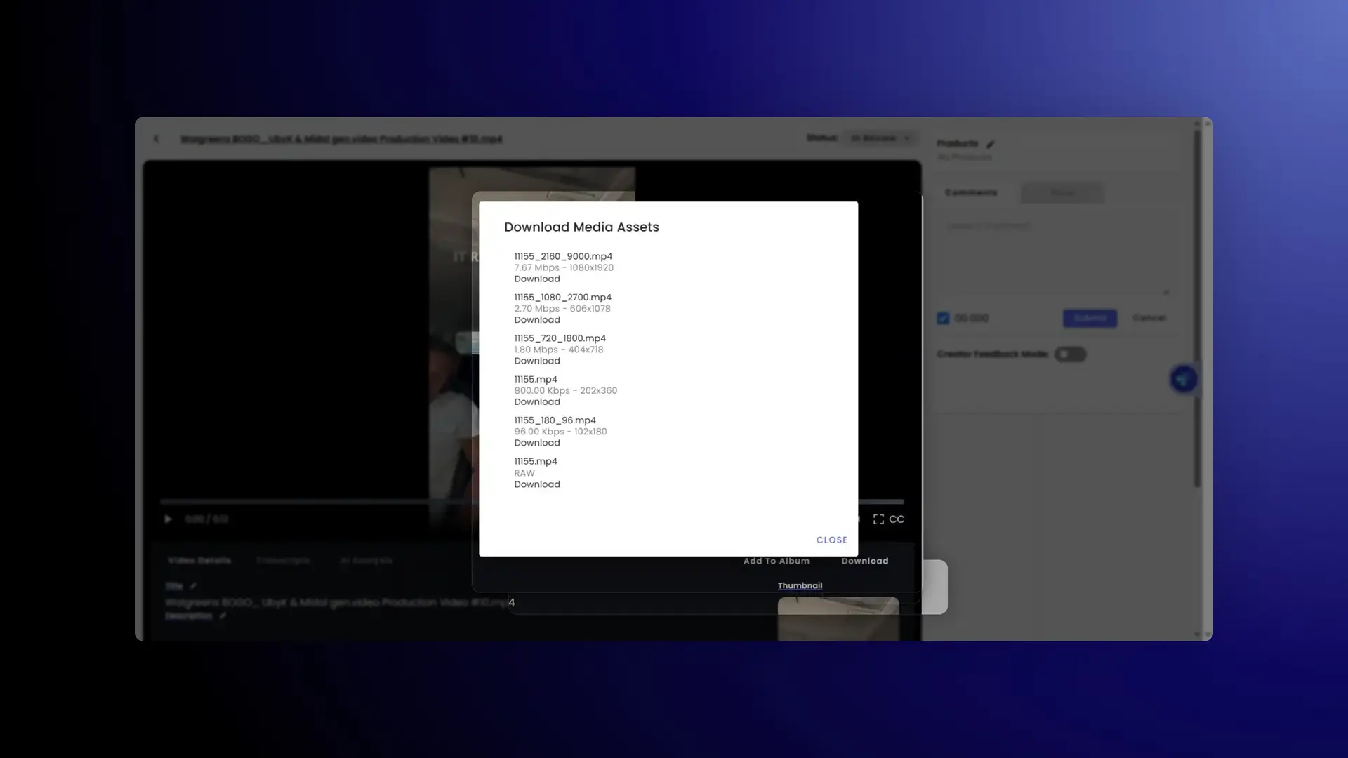 gen.video platform video management interface with download media assets modal open.