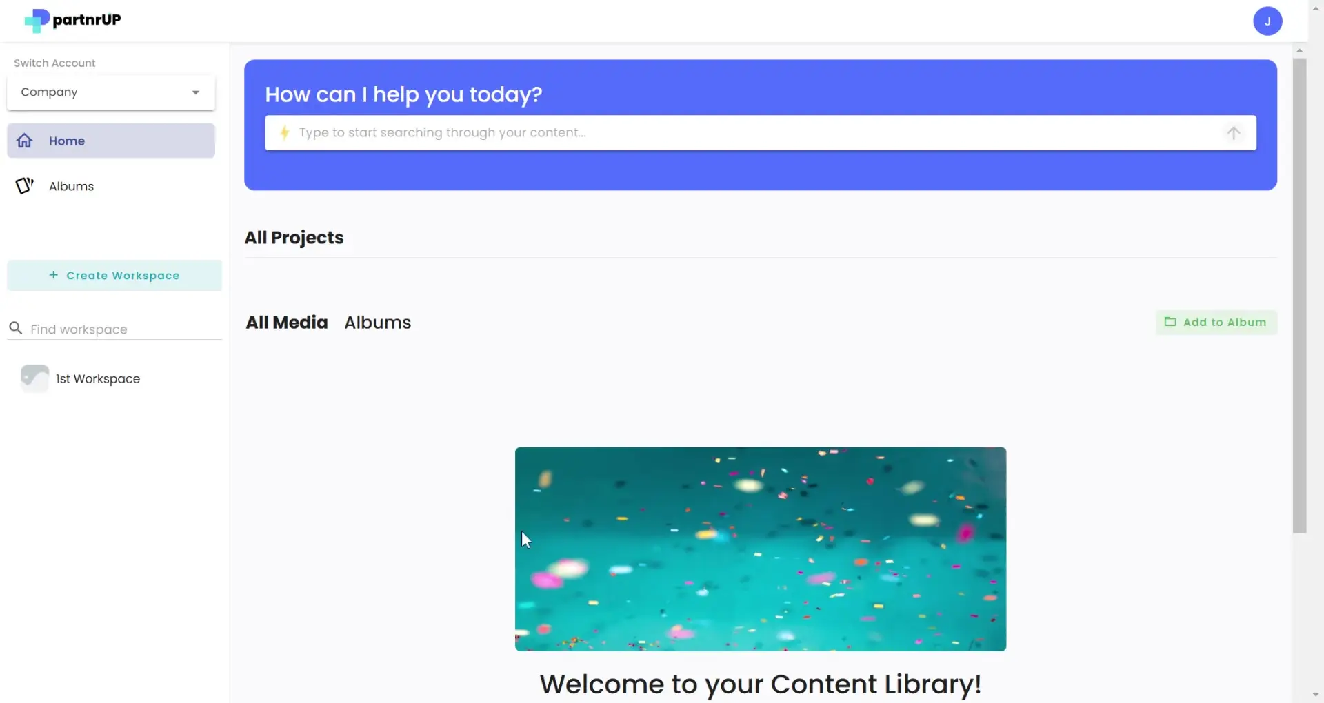 gen.video platform content library interface with search bar, navigation options, and workspace management.