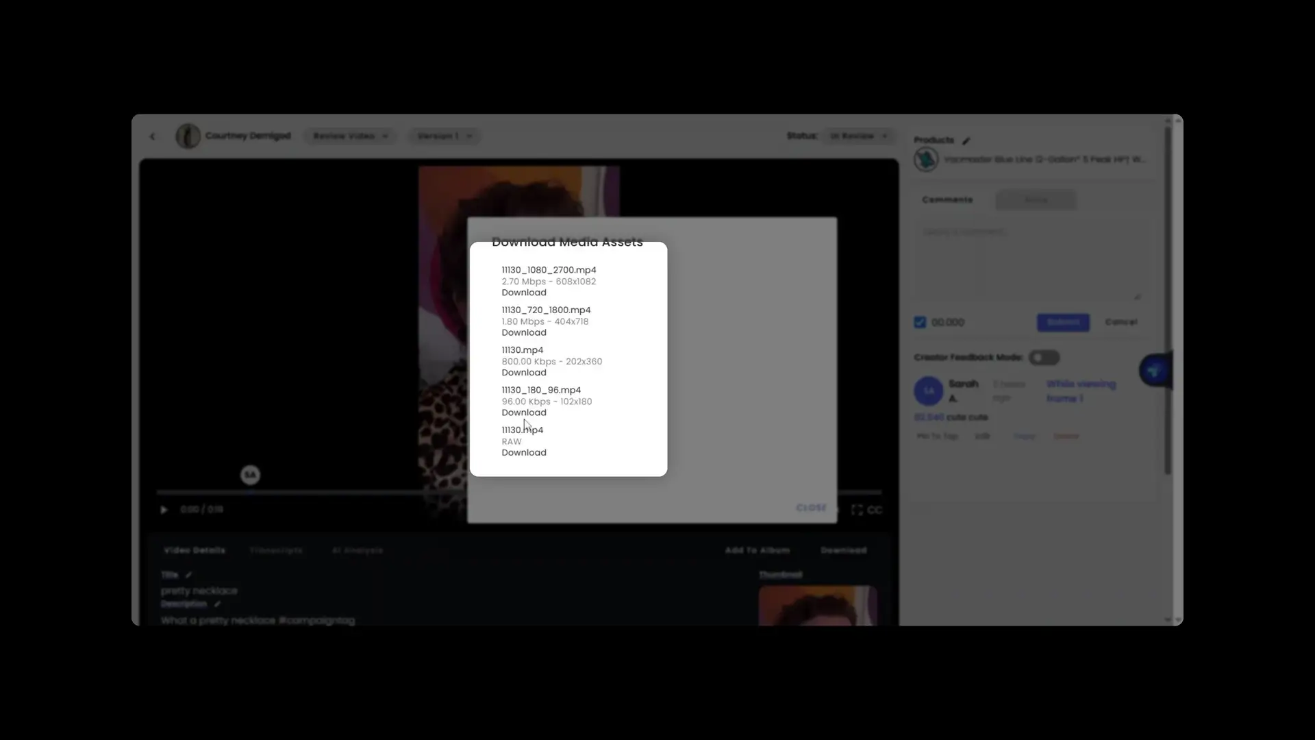 gen.video platform video review interface with download media assets pop-up.