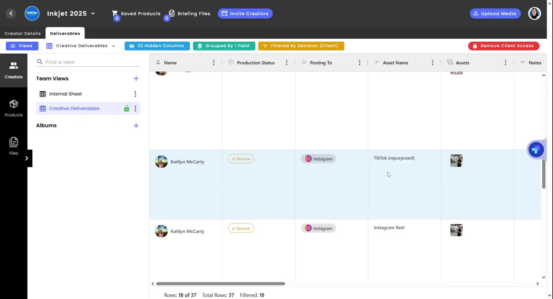 gen.video platform Creative Deliverables section for managing influencer partnerships.