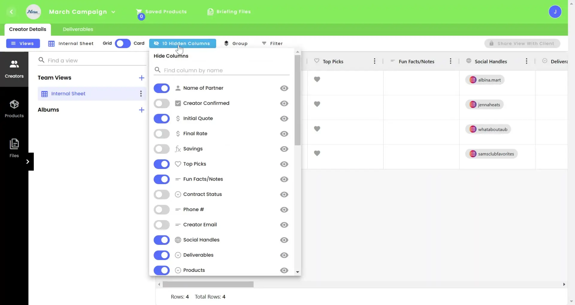 gen.video March Campaign content management screen showing internal sheet with column options and social handles.