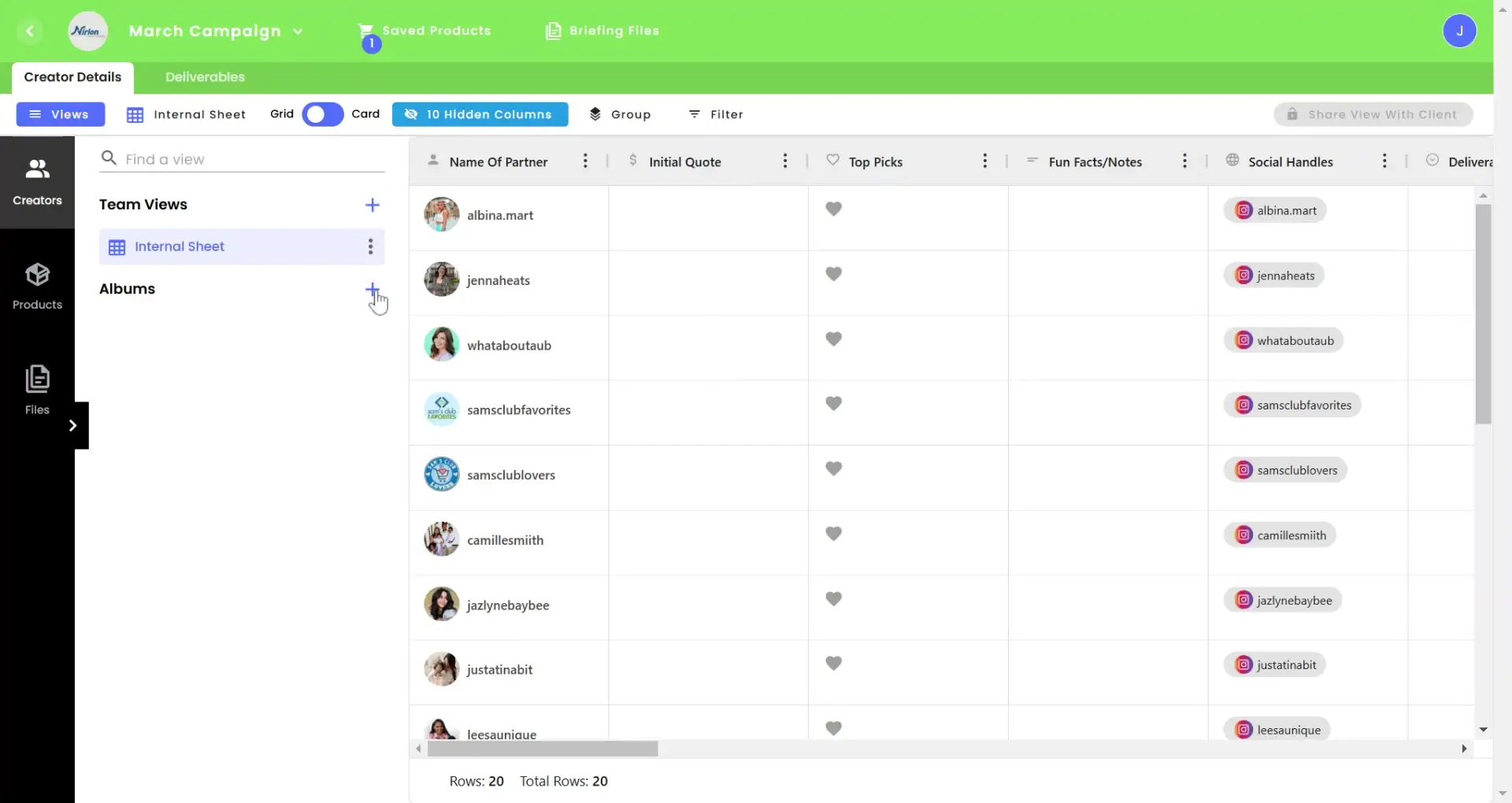 gen.video platform screenshot showing Manage Influencer Partnerships feature in March Campaign.