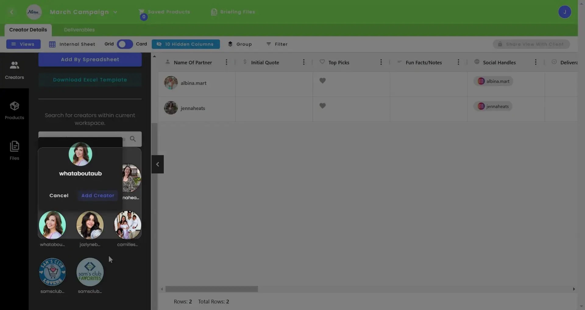 gen.video March Campaign content management screen showing creator details and options to add creators.