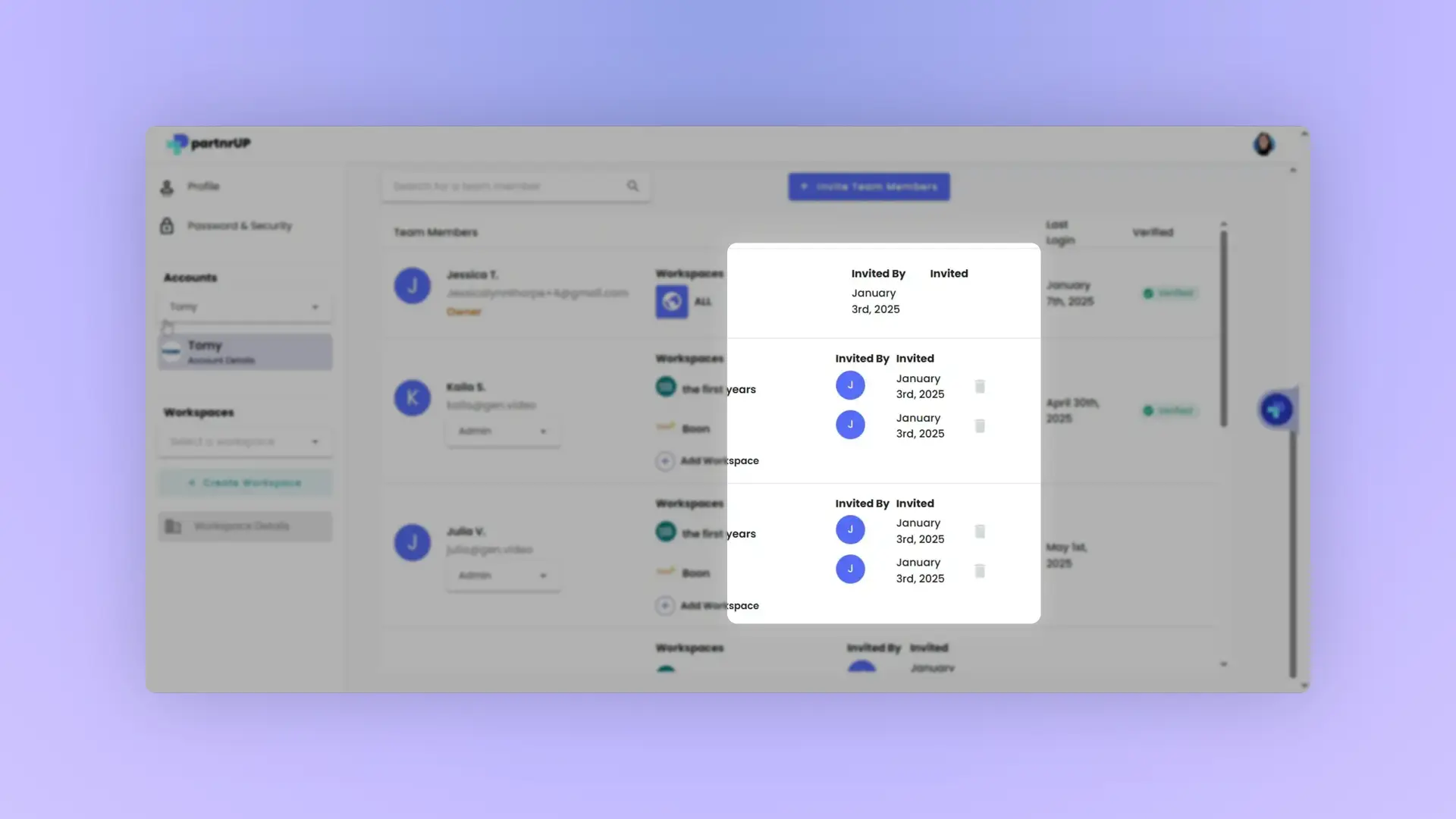 gen.video Manage Influencer Partnerships screen showing team members and workspace management options.
