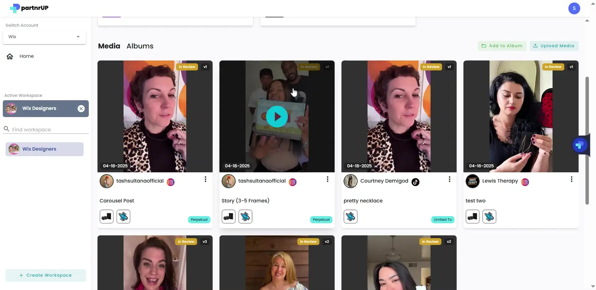 gen.video platform Media section in Wix Designers workspace showing influencer video thumbnails and content management options.