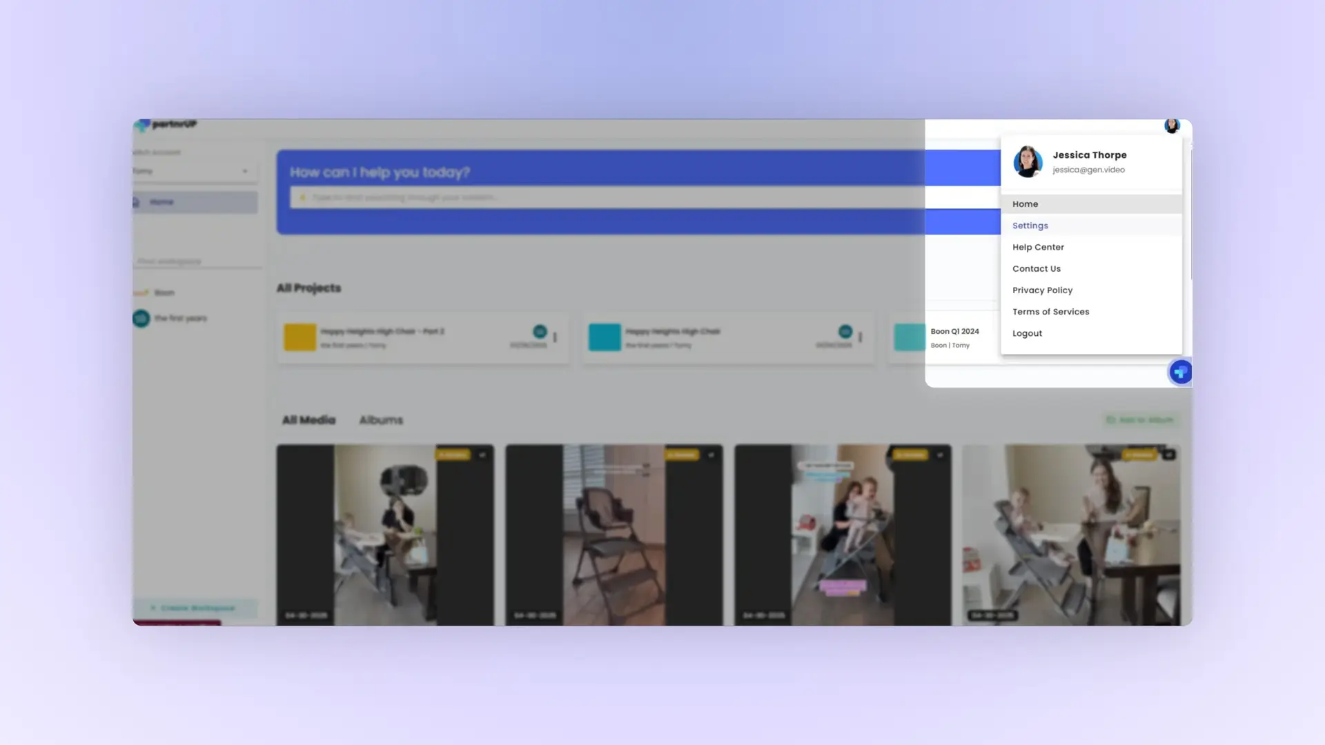 gen.video platform interface showing project management and user settings options.