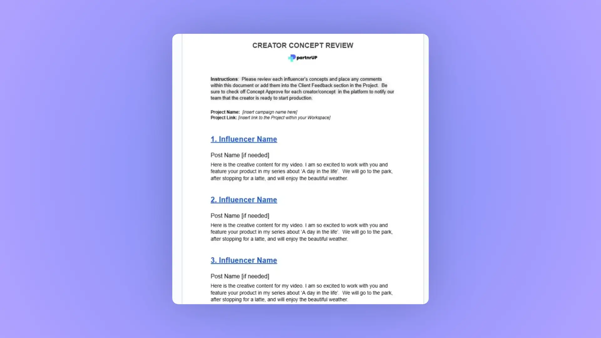gen.video platform document for Creator Concept Review in influencer partnership management.