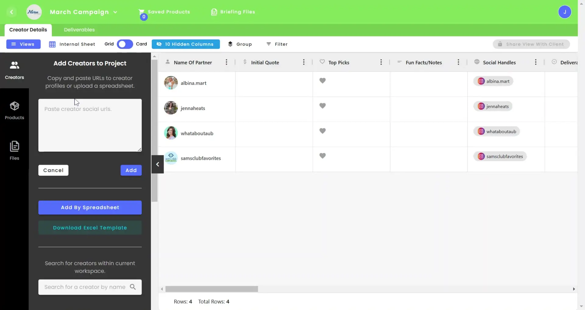 gen.video March Campaign Add Creators to Project screen