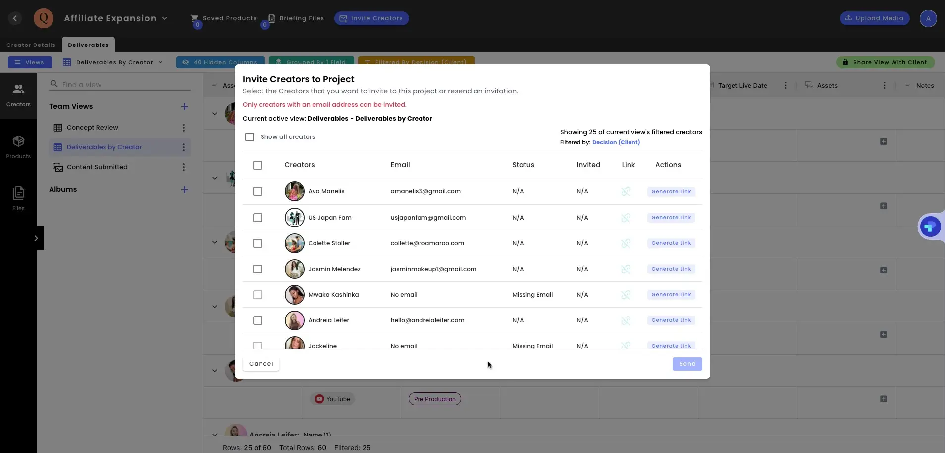 gen.video platform screenshot showing 'Invite Creators to Project' dialog in Deliverables by Creator view.