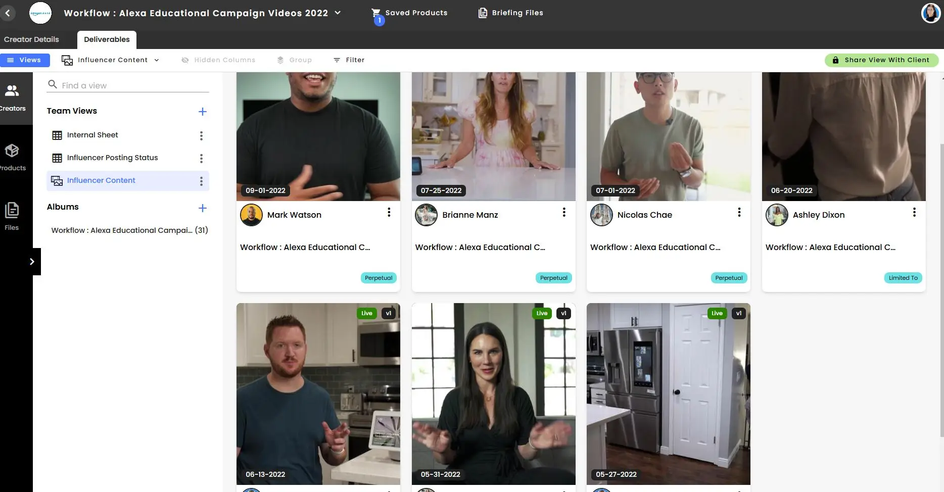 gen.video platform Deliverables tab for Alexa Educational Campaign Videos 2022 showing influencer video thumbnails and navigation options.