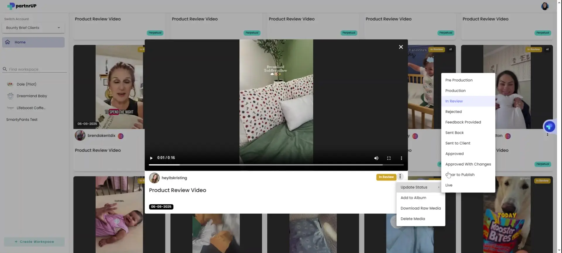 gen.video content management interface showing a product review video in review status with options to update status, add to album, download, or delete.