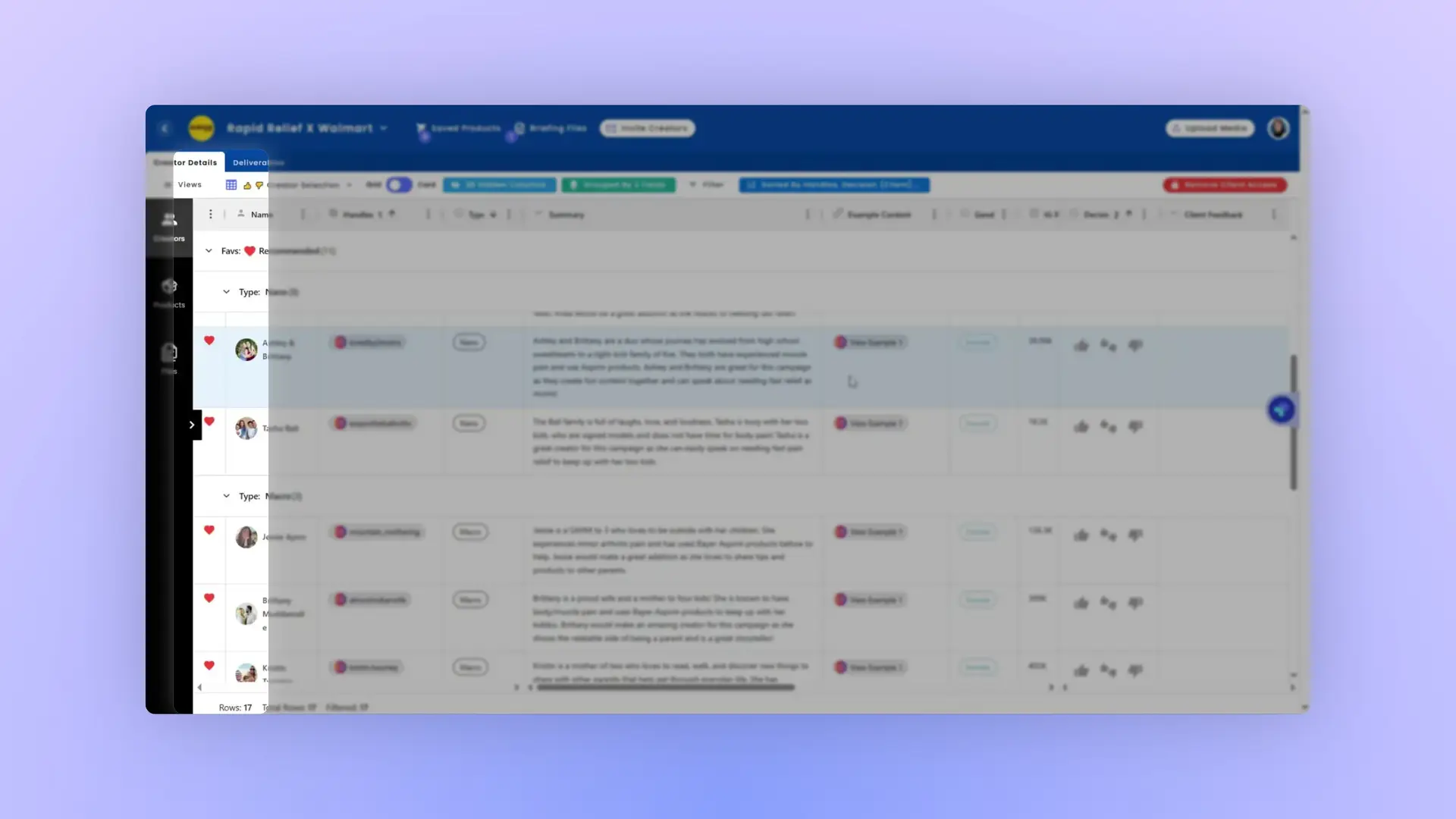 gen.video Manage Influencer Partnerships screen for Rapid Relief X Walmart campaign