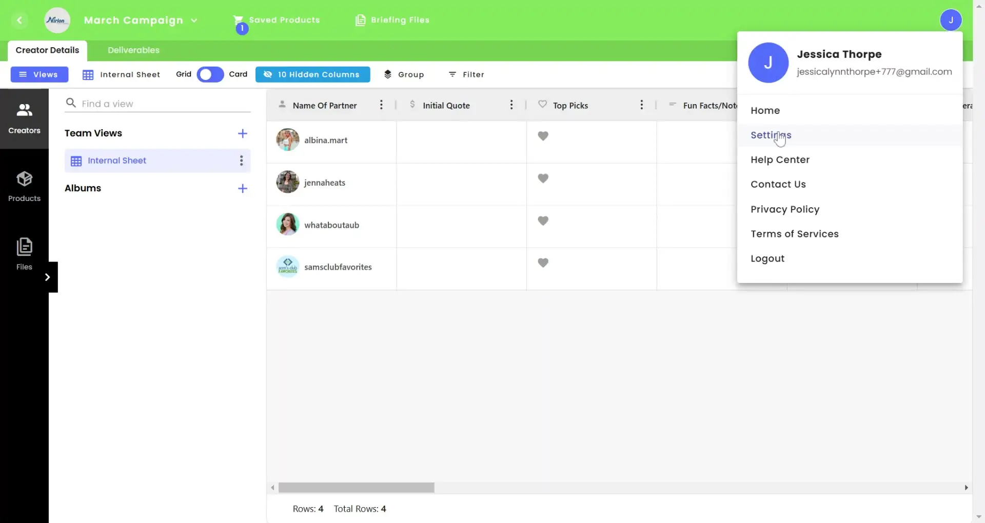 gen.video platform Manage Influencer Partnerships screen under March Campaign with user profile dropdown open.