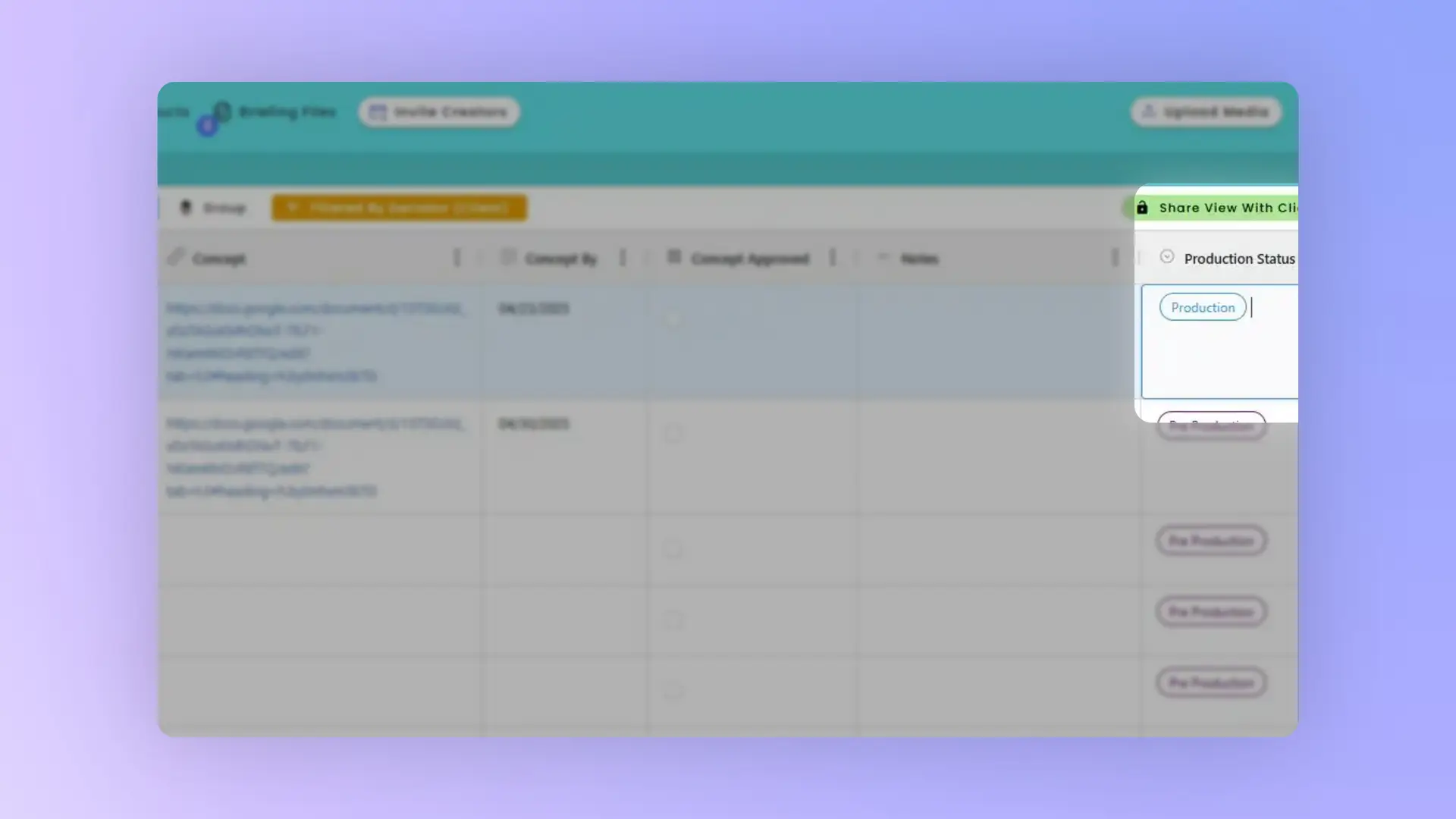 gen.video Deliverables tab in P-Touch Tent Pole project showing influencer deliverables and production status.