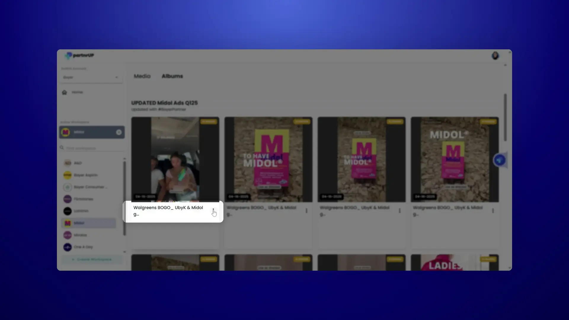 gen.video platform Albums section showing Midol Ads Q125