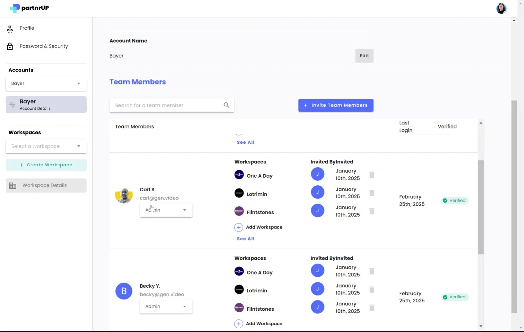 gen.video Account Settings page showing team members and workspace management options.