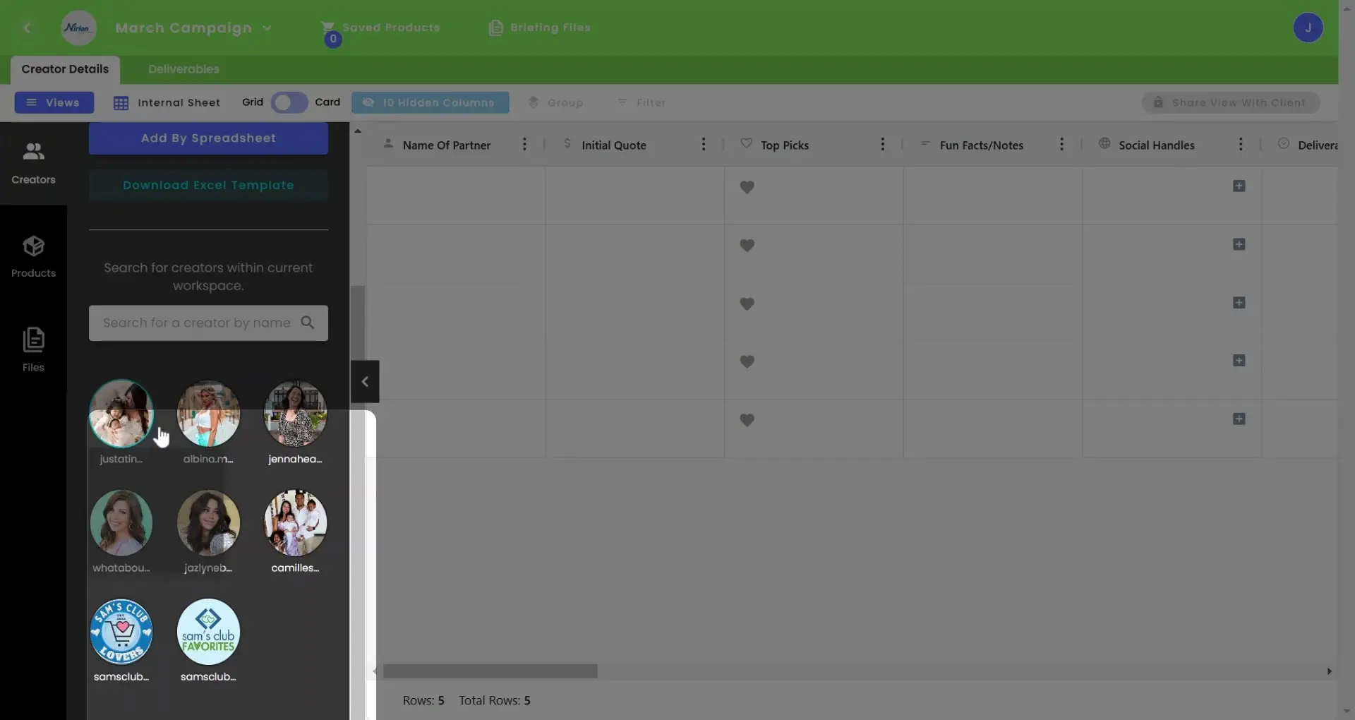 gen.video March Campaign Creator Details page with creator management and table view.