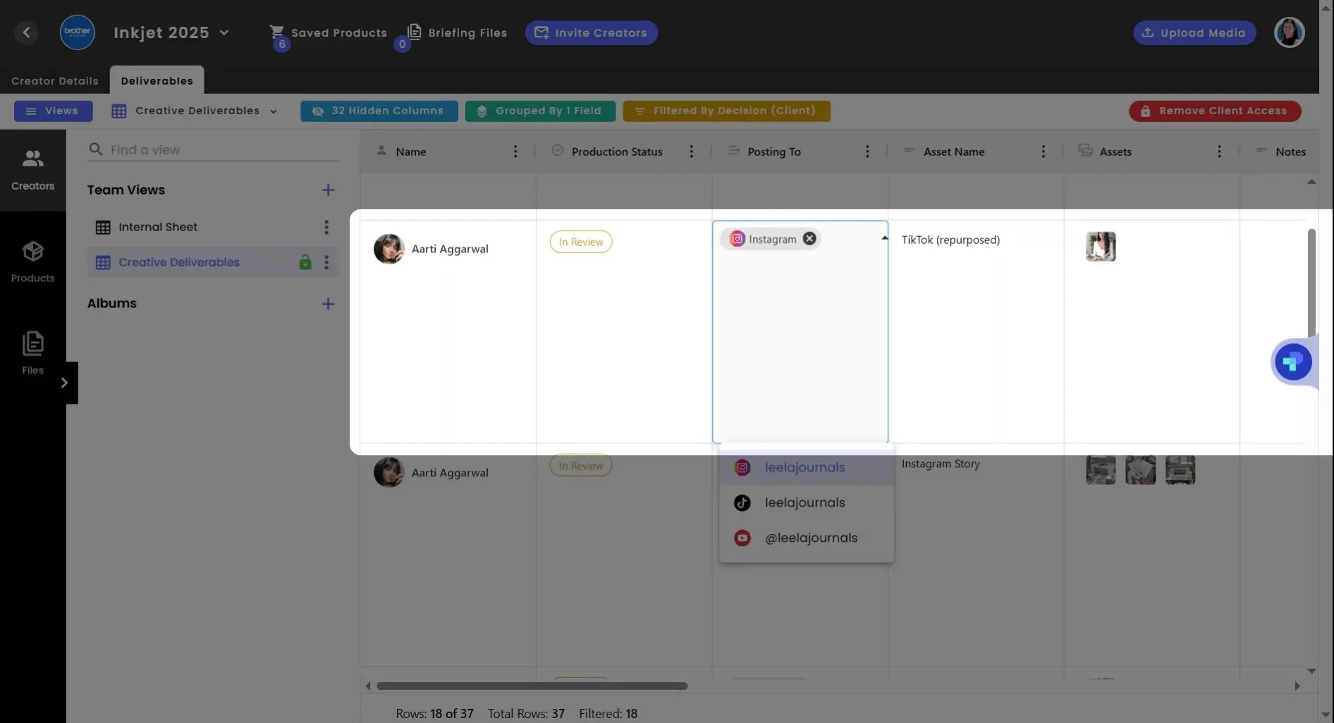 gen.video platform Creative Deliverables tab showing influencer management and content posting options.