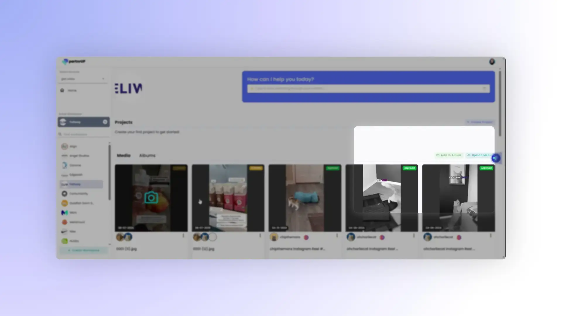 The screenshot displays the gen.video platform's media section, showcasing a collection of uploaded media assets, including images and videos, with options for album organization and project creation.