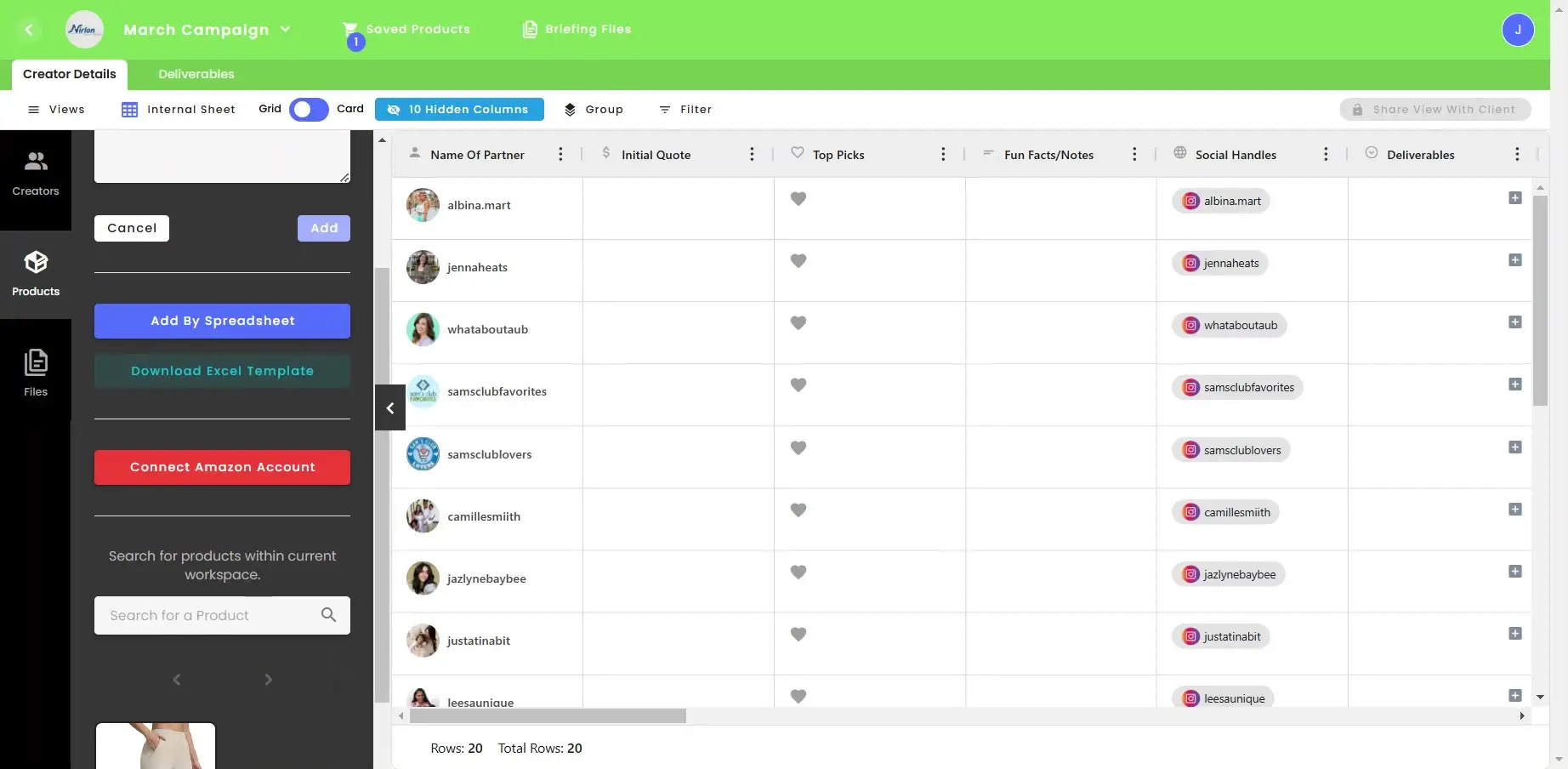 gen.video March Campaign Creator Details screen showing influencer list and product management options.