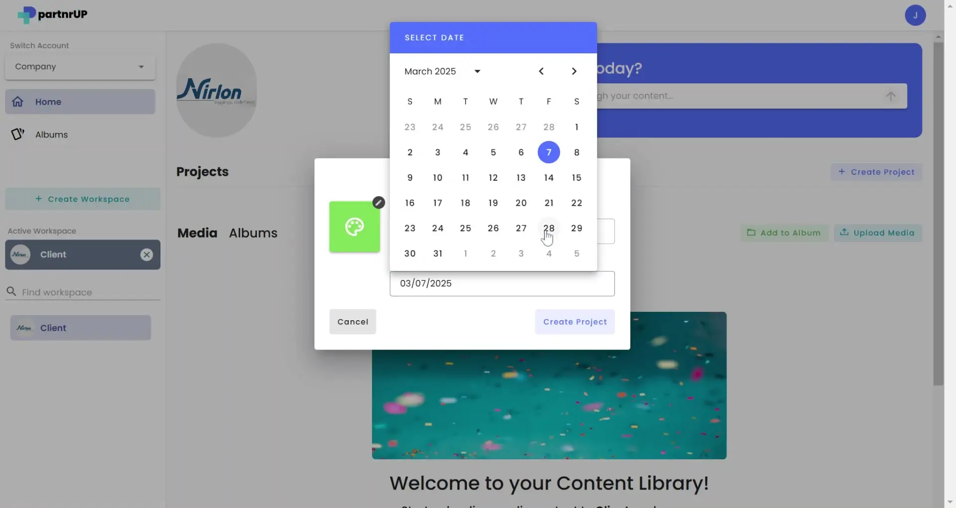 gen.video content management interface with project creation date selection.