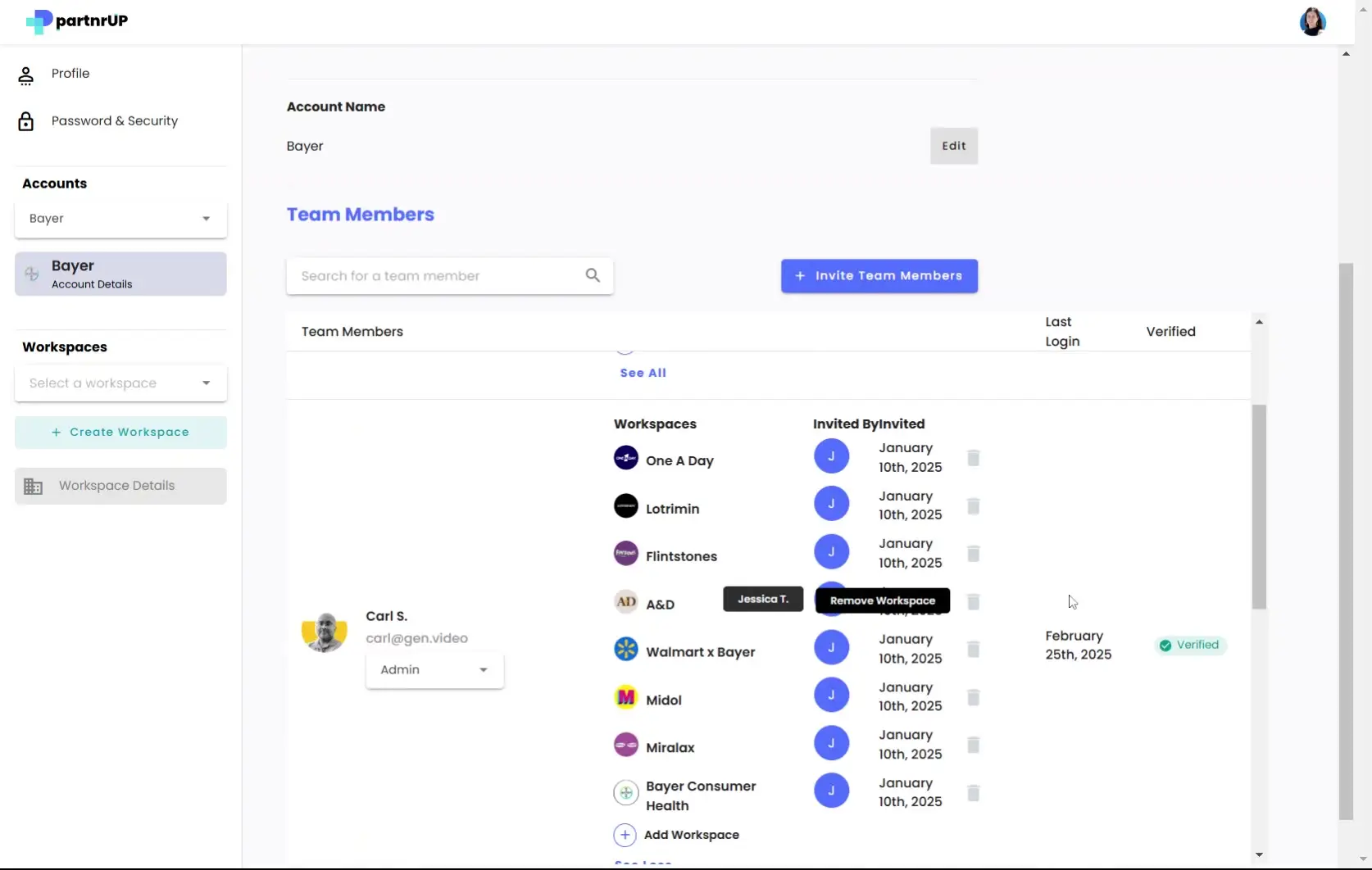 gen.video Account Settings page showing team members and workspaces for Bayer account