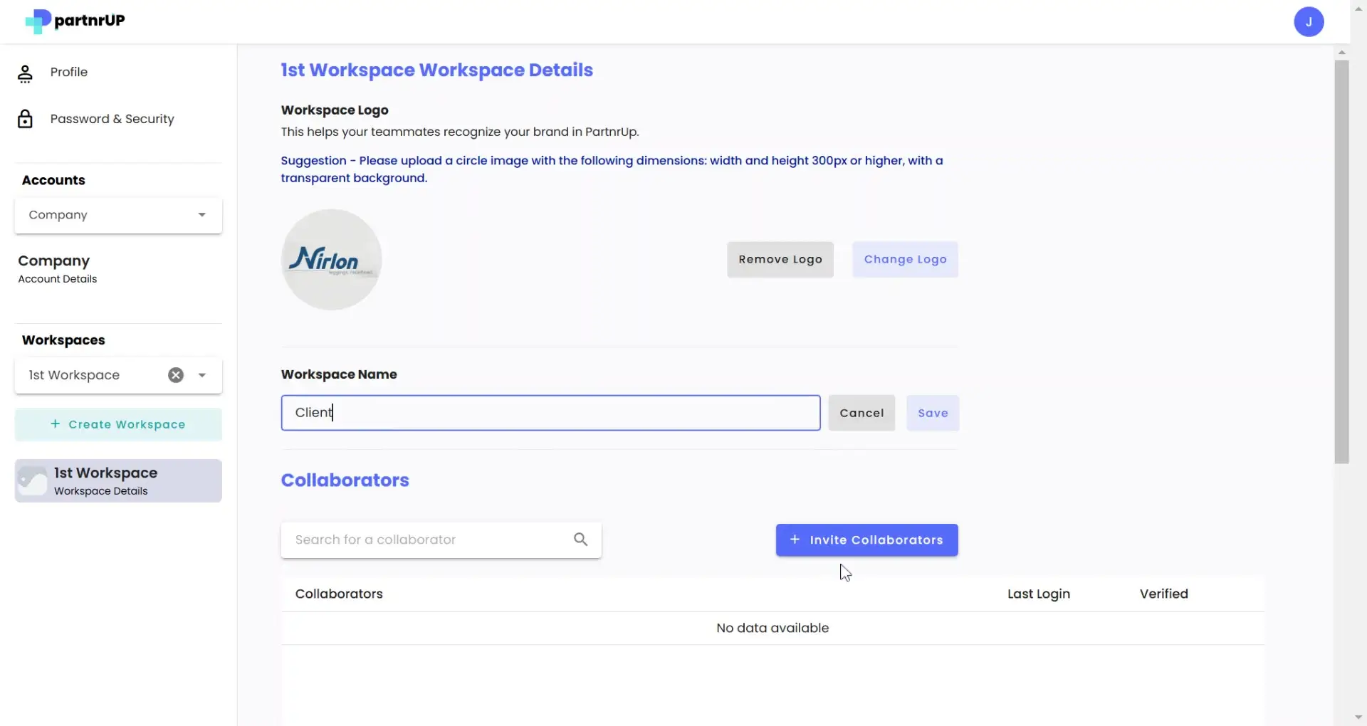 partrnUP 1st Workspace Workspace Details page showing logo and name settings with collaborator options