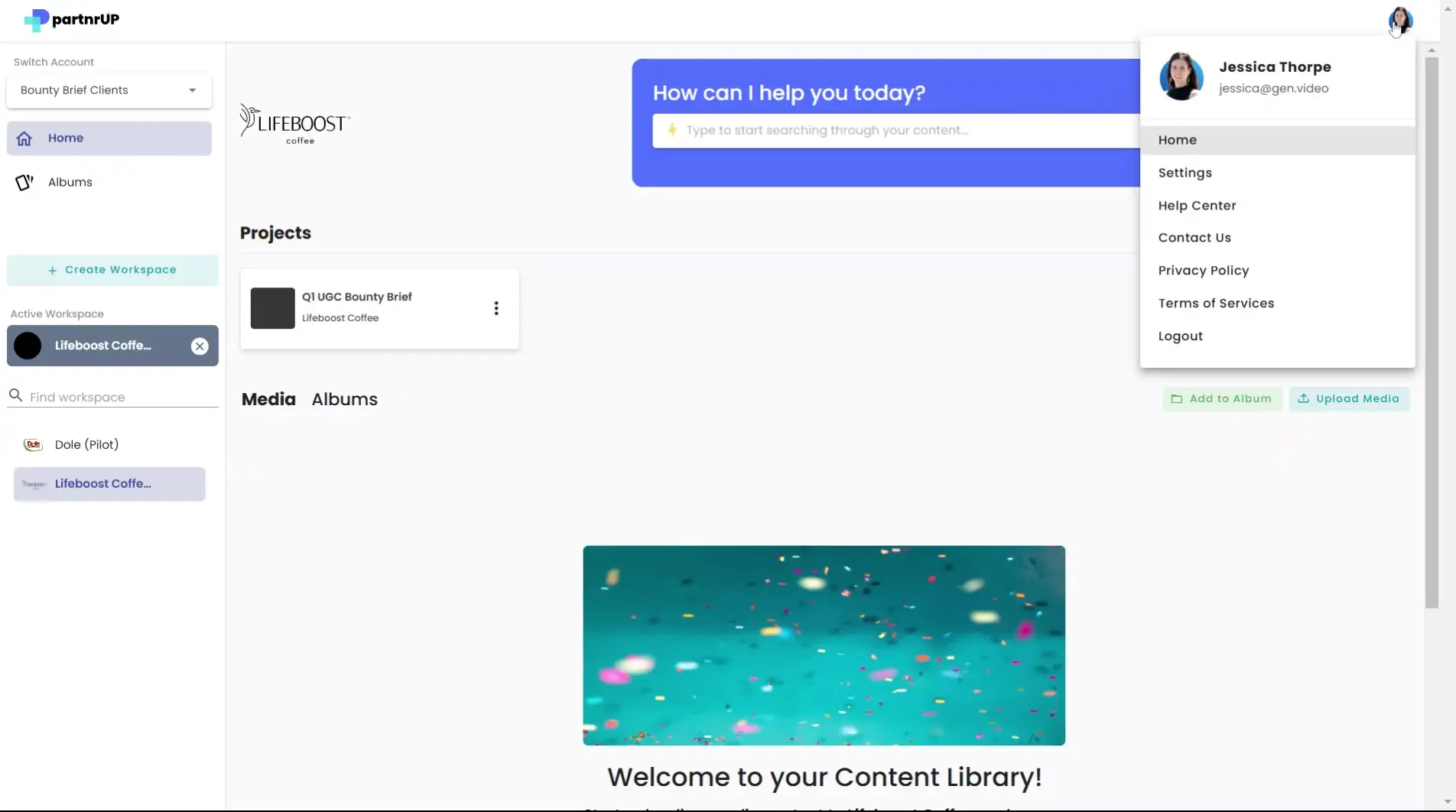 gen.video account settings screen with Lifeboost Coffee workspace and user profile menu