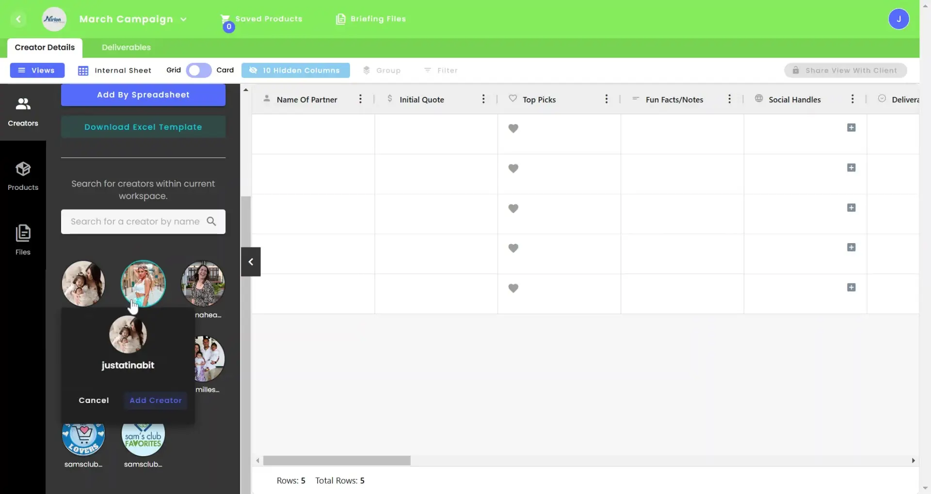 gen.video March Campaign content management screen with creator search and table for managing influencer details.