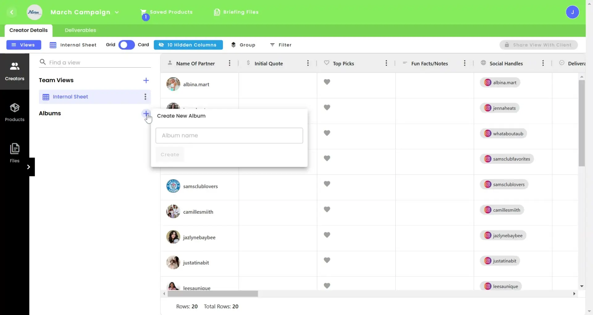 gen.video Manage Influencer Partnerships March Campaign Internal Sheet view