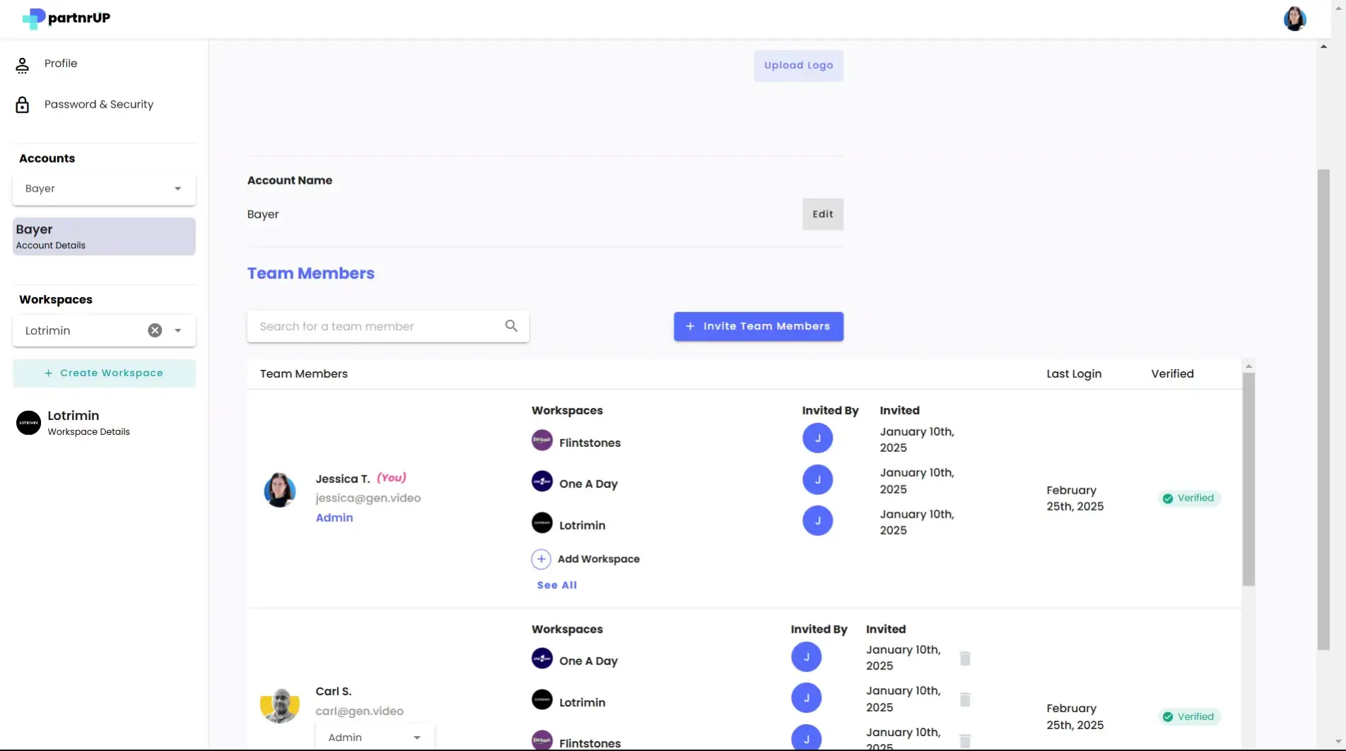 gen.video Account Settings page showing team members for Bayer account