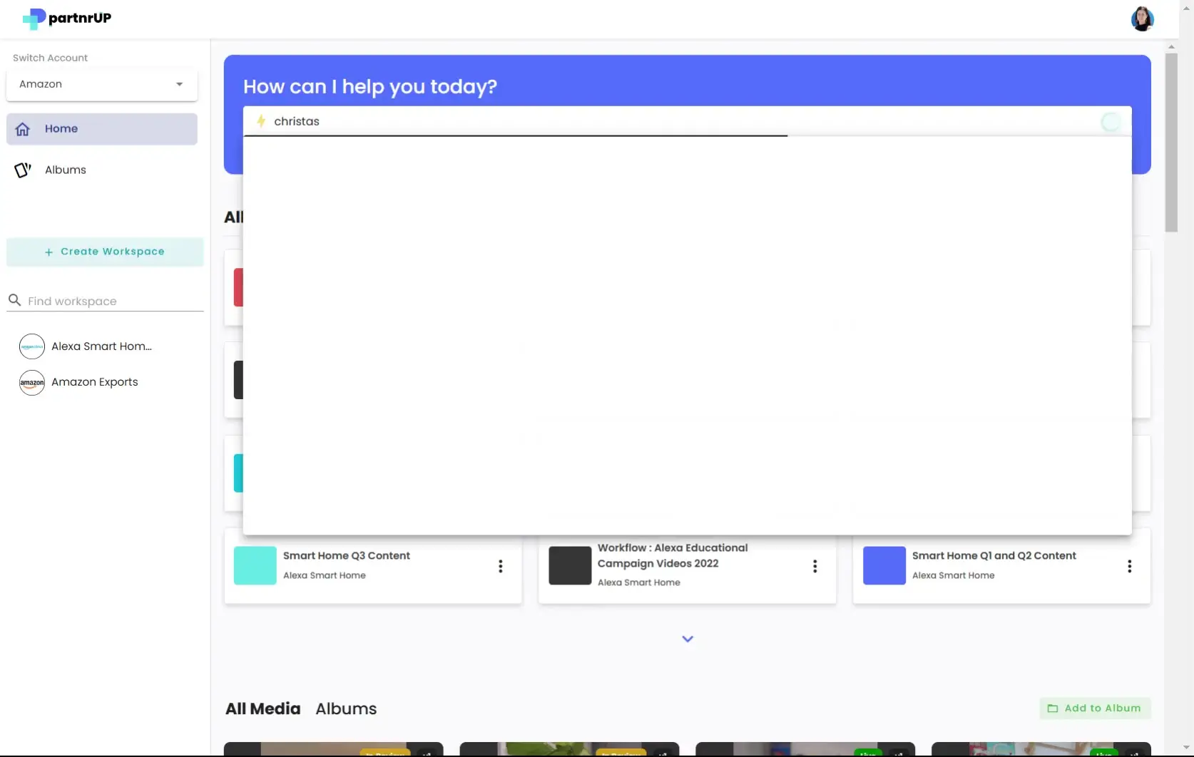 gen.video content management interface with search bar and workspace options