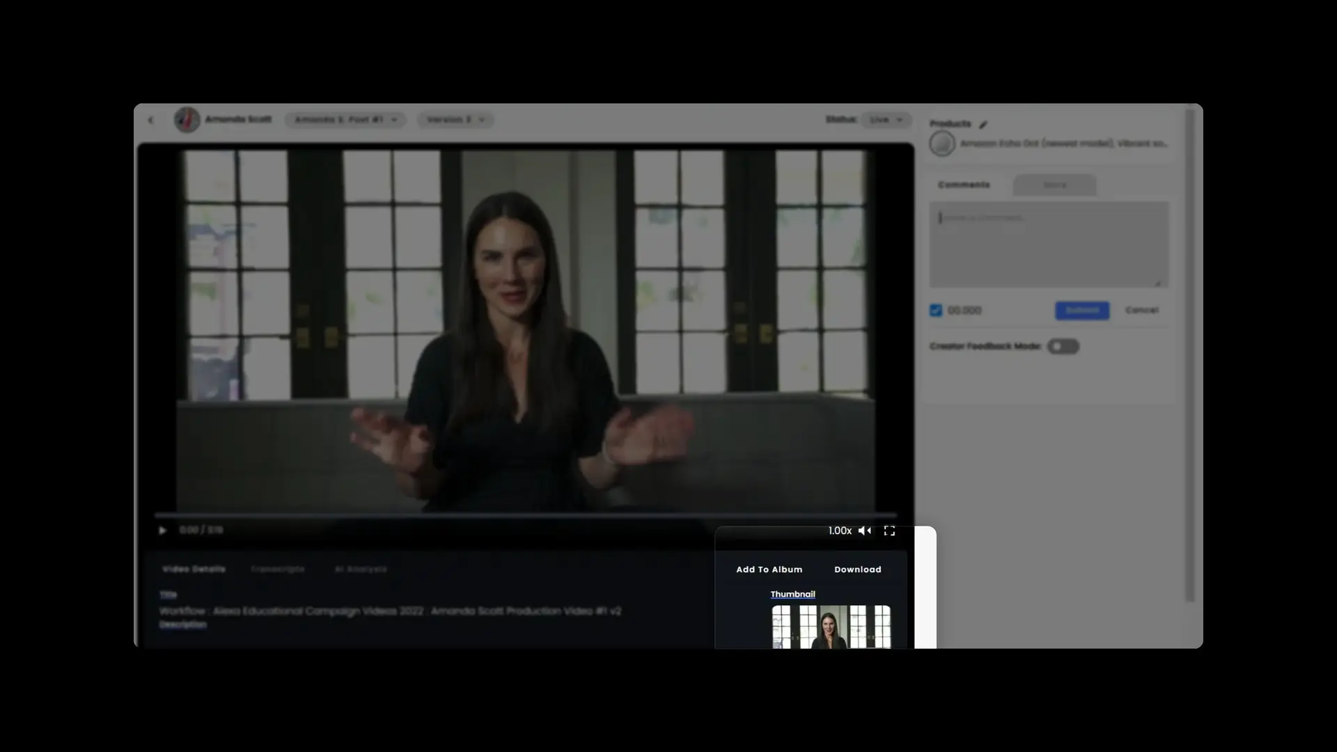gen.video platform video content management interface with Amanda Scott video and product details.