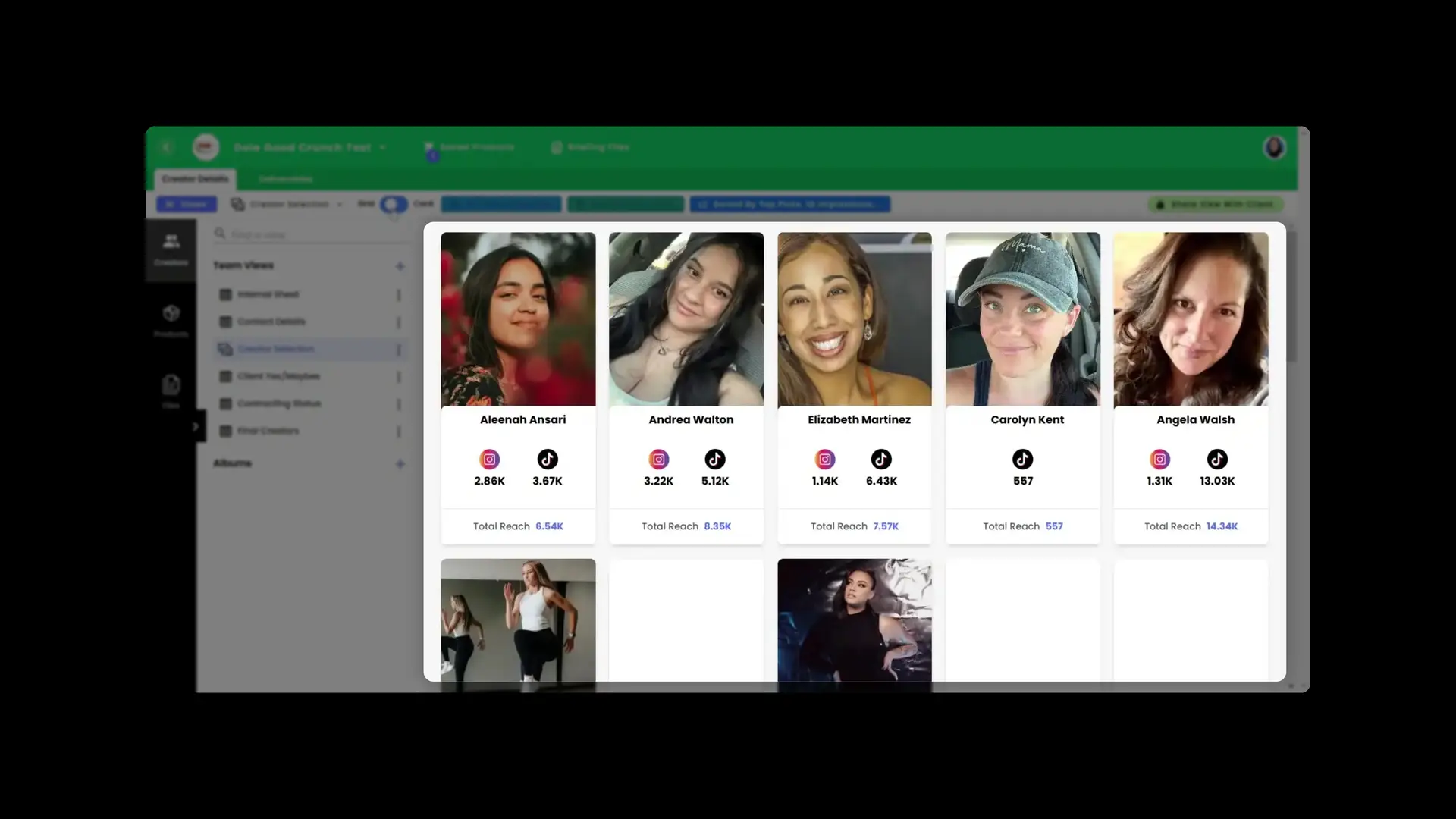gen.video platform Creator Selection screen showing influencer profiles and social media metrics.