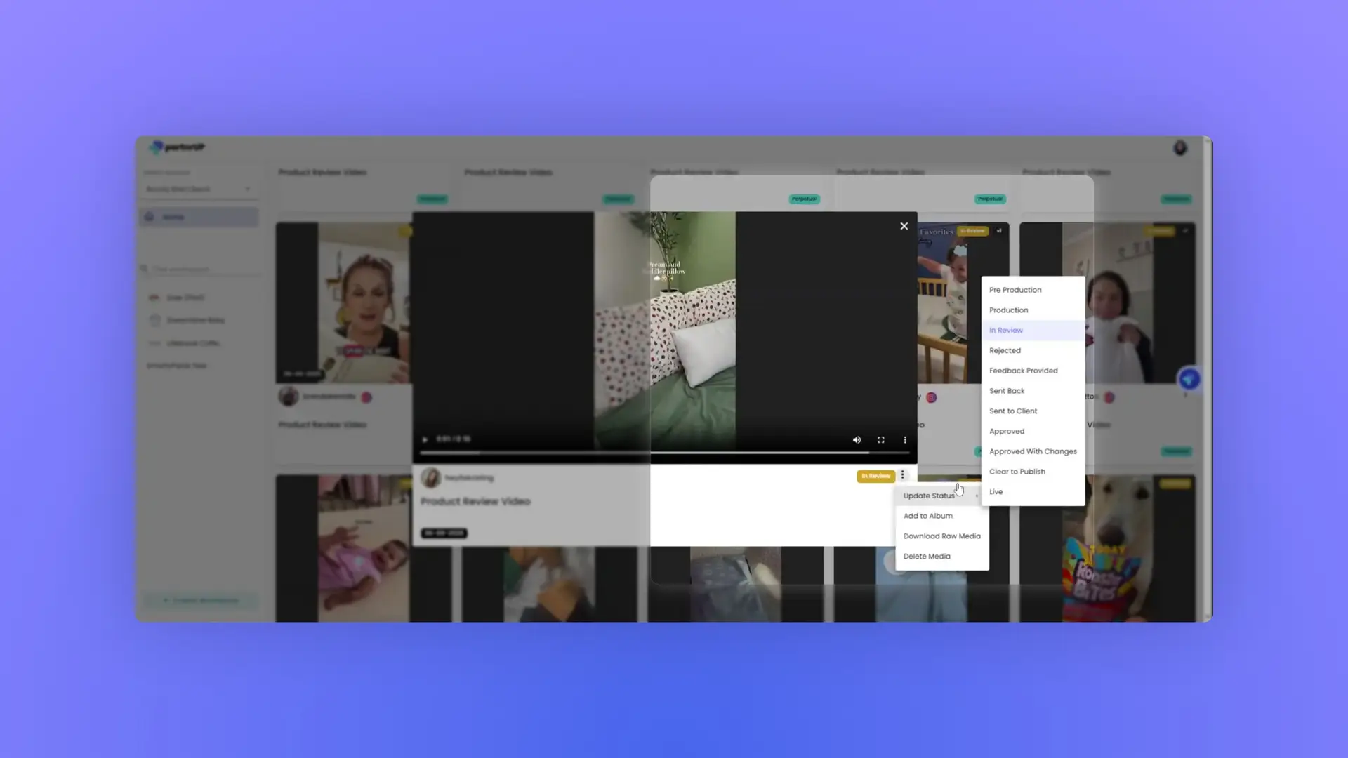 gen.video content management interface showing product review video in review status