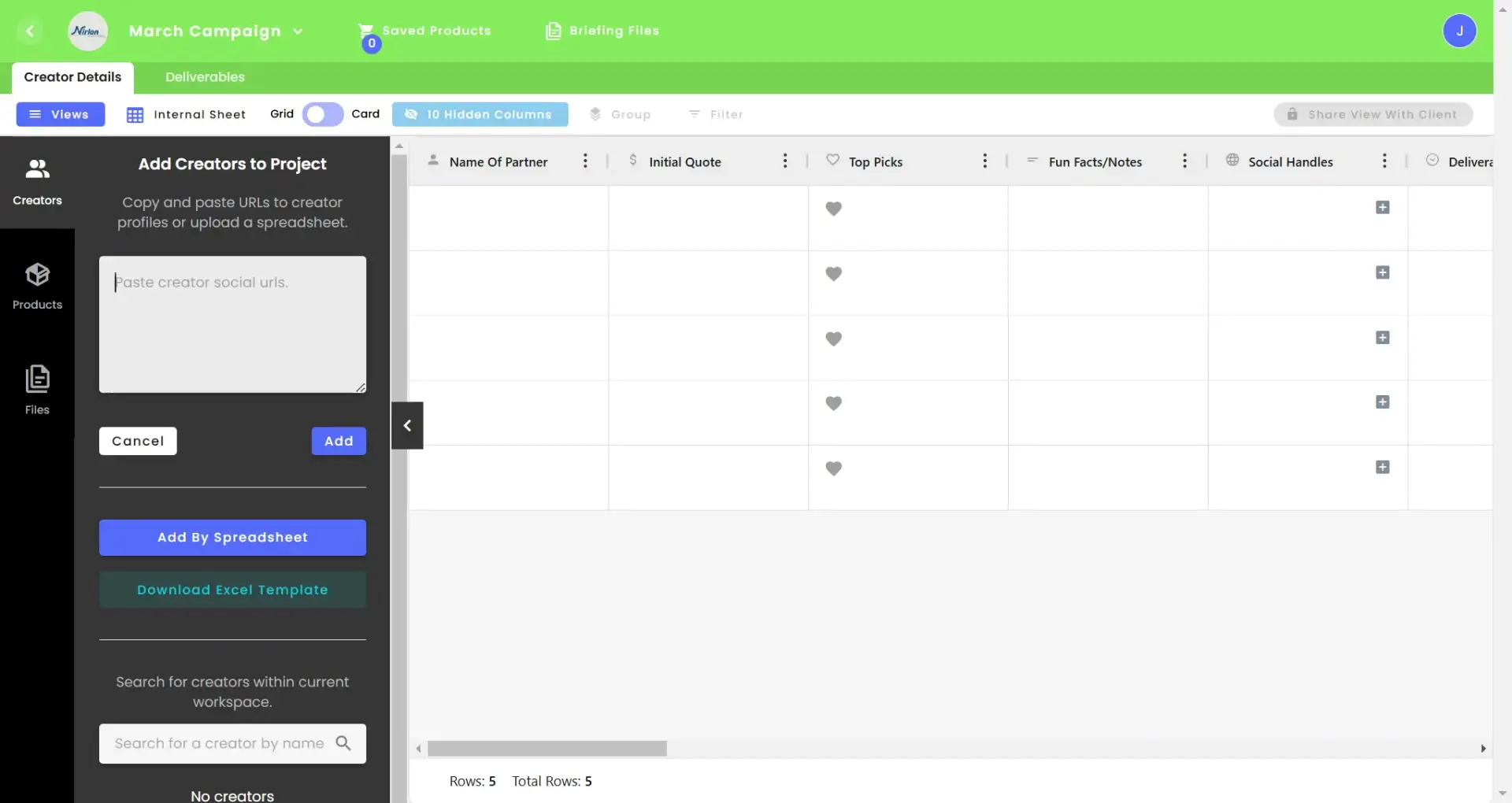gen.video March Campaign Add Creators to Project screen with table and input options.