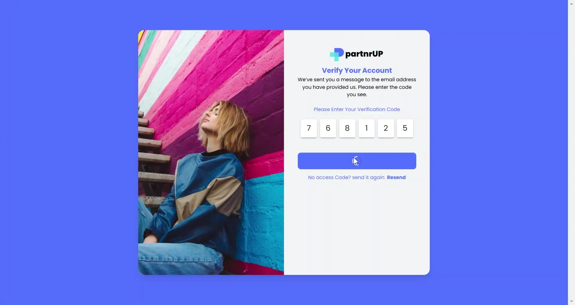 partnrUP account verification page with code entry and submit button