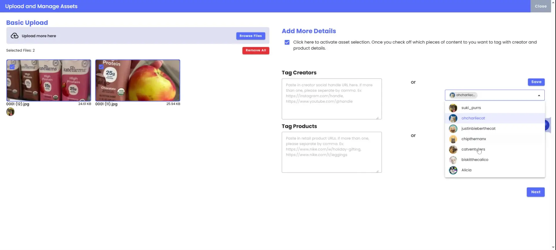 The user is in the process of adding more details to uploaded assets, specifically tagging creators and products. The interface allows for selecting creators from a dropdown and inputting URLs for both creators and products.