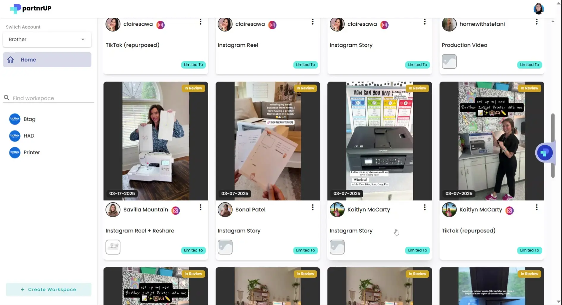 gen.video content management interface showing influencer posts and workspace options.